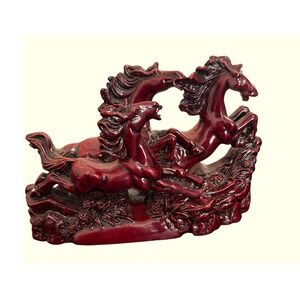 VTG Chinese Feng Shui Majestic Red Galloping Horses Cinnabar-colored Resin‎